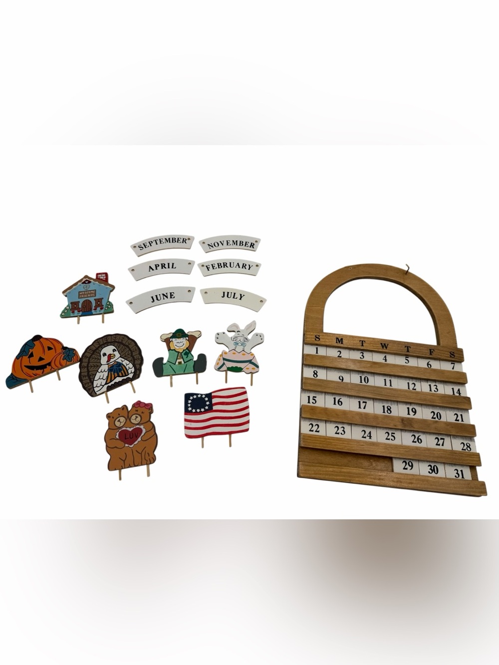 Wooden Perpetual Calendar Wall Hanging w/ Month Tags, Month/Date Pieces.